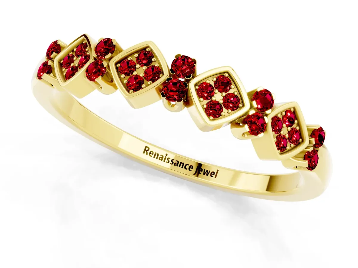 Pavé Cushion Ruby Cluster Eternity Band with Prong Setting Yellow gold