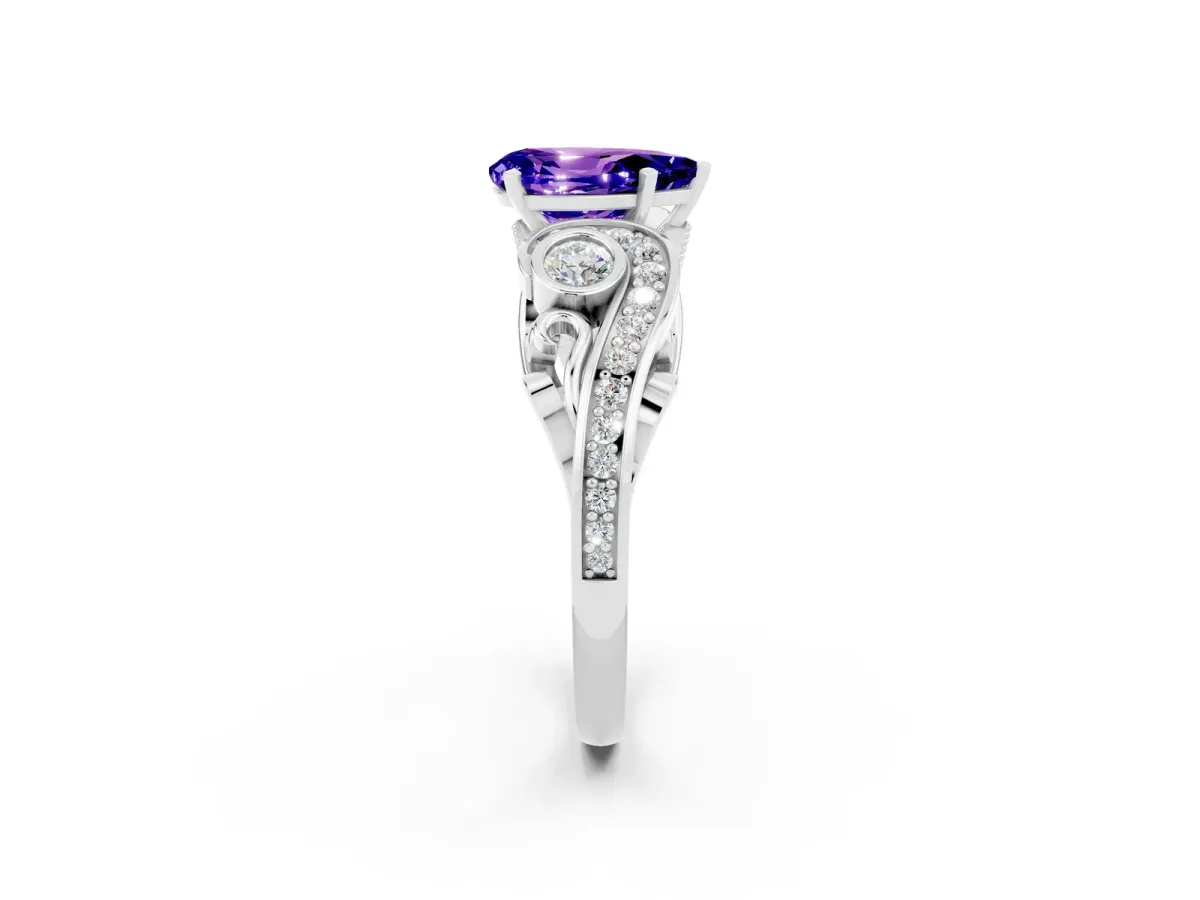 Pear Cut Tanzanite Solitaire Ring with Milgrain Pavé Band and Four-Prong Setting Silver