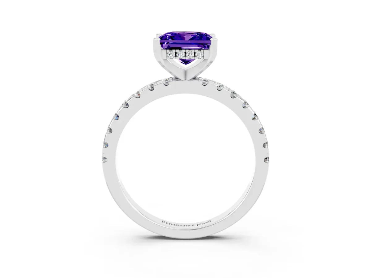 Princess Cut Tanzanite Solitaire Ring with Round Pavé Band and Four-Prong Setting Silver