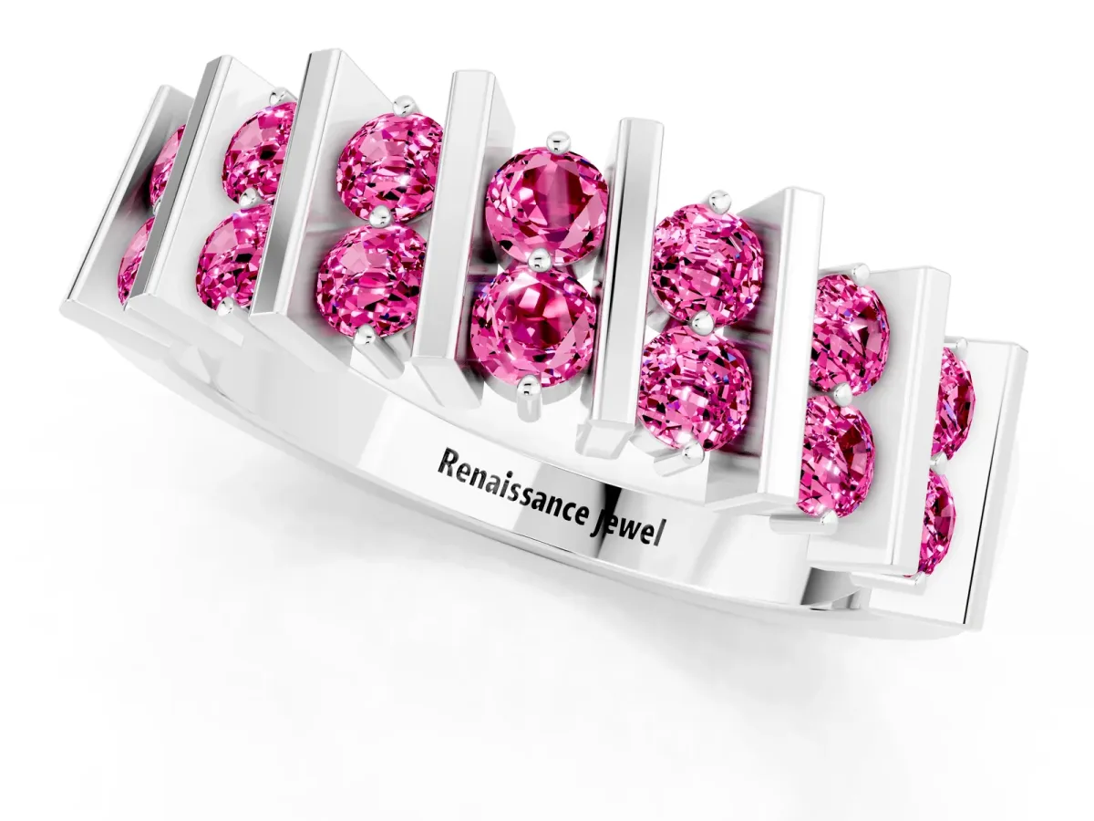 Channel Set Round Pink Sapphire Anniversary Band with Vertical Prongs Silver