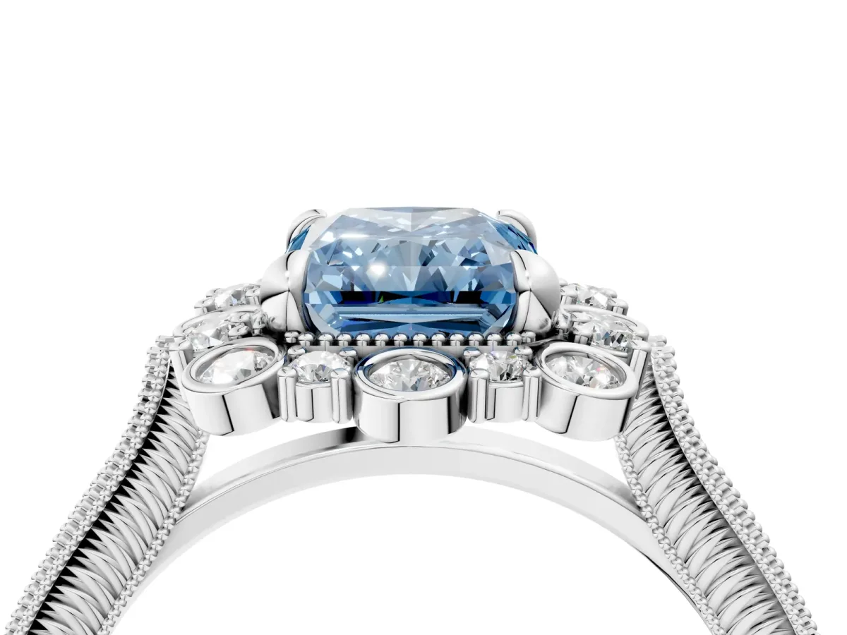 Fancy Blue Radiant Cut Halo Milgrain Pave Diamond Ring with Four-Prong Setting Platinum