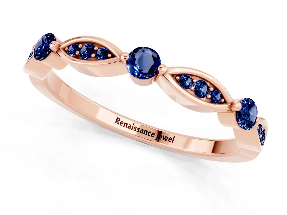 Marquise and Round Blue Sapphire Milgrain Band with Bezel Setting Rose gold