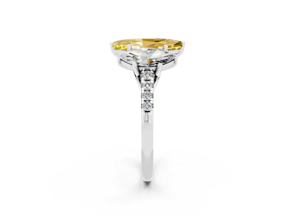Three-Stone Marquise Cut Yellow Sapphire Ring with Round Pavé Band and Prong Setting Silver