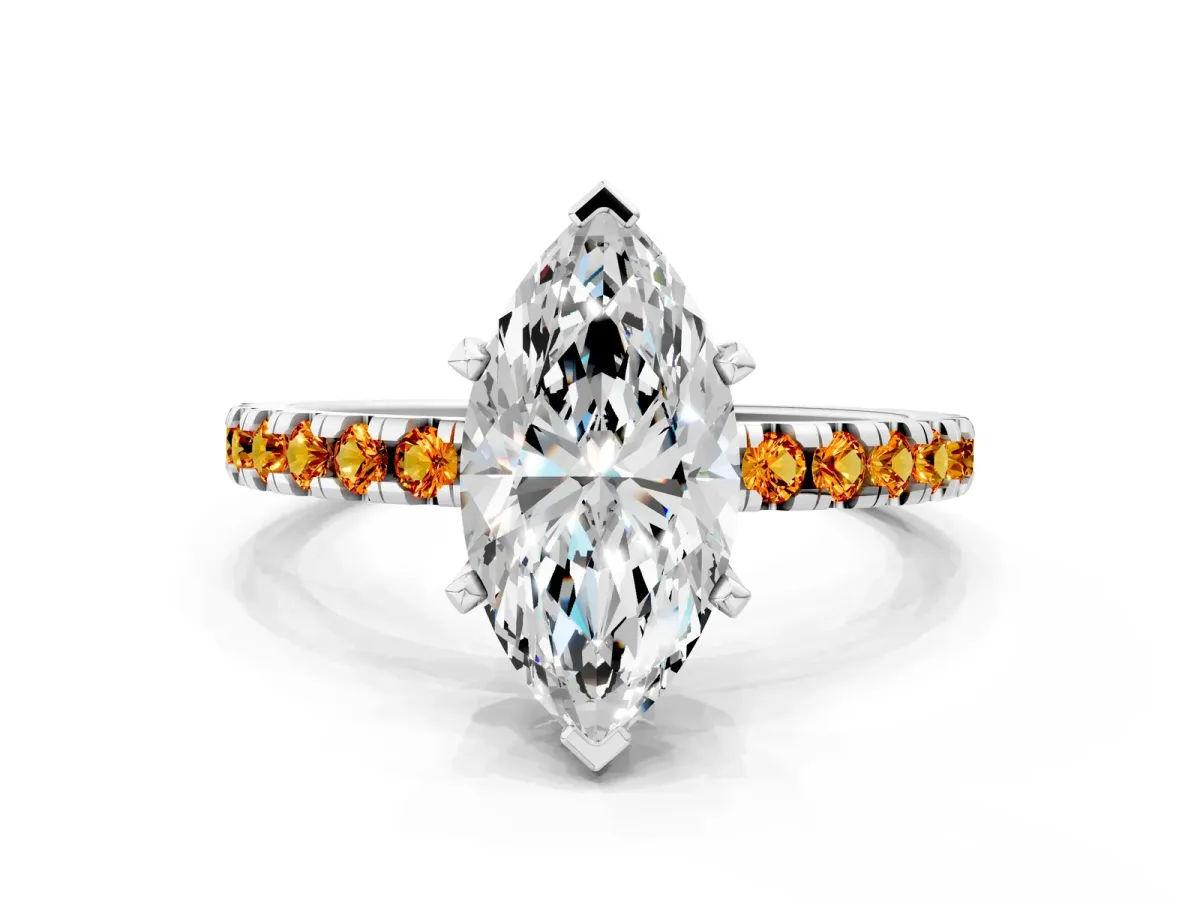 Marquise Cut Diamond Solitaire Ring with Round Citrine Pavé Band and Four-Prong Setting Silver