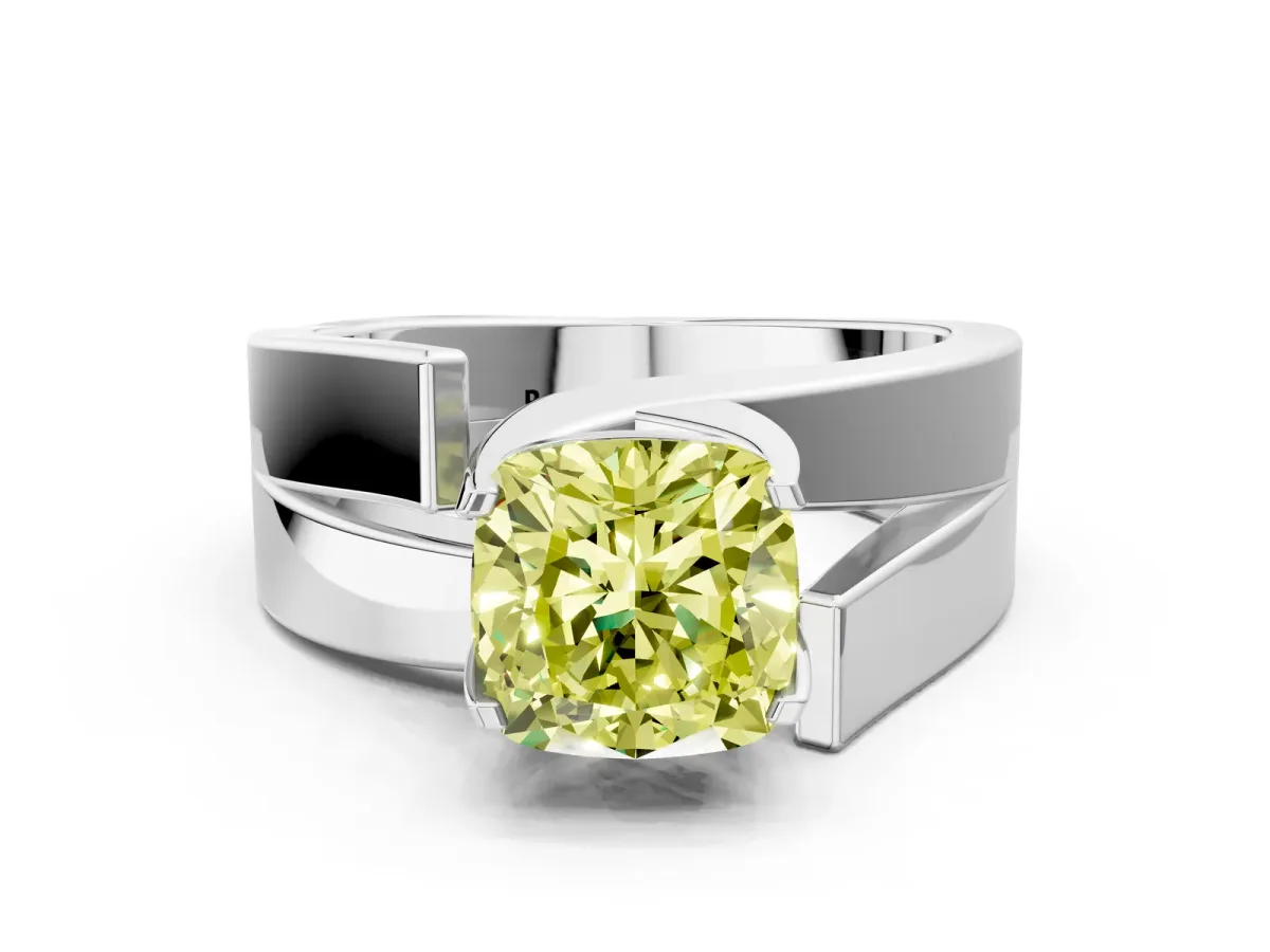 Fancy Yellow Modern Tension Set Cushion Cut Diamond Solitaire Wide Band Ring Silver