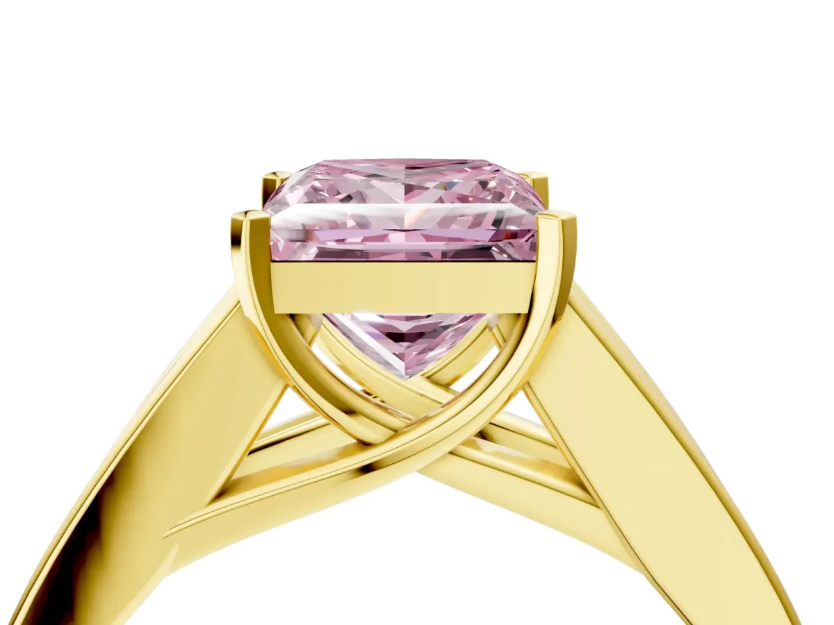 Fancy Pink Princess Cut Cut Channel Set Solitaire Ring with Four-Prong Setting Yellow gold