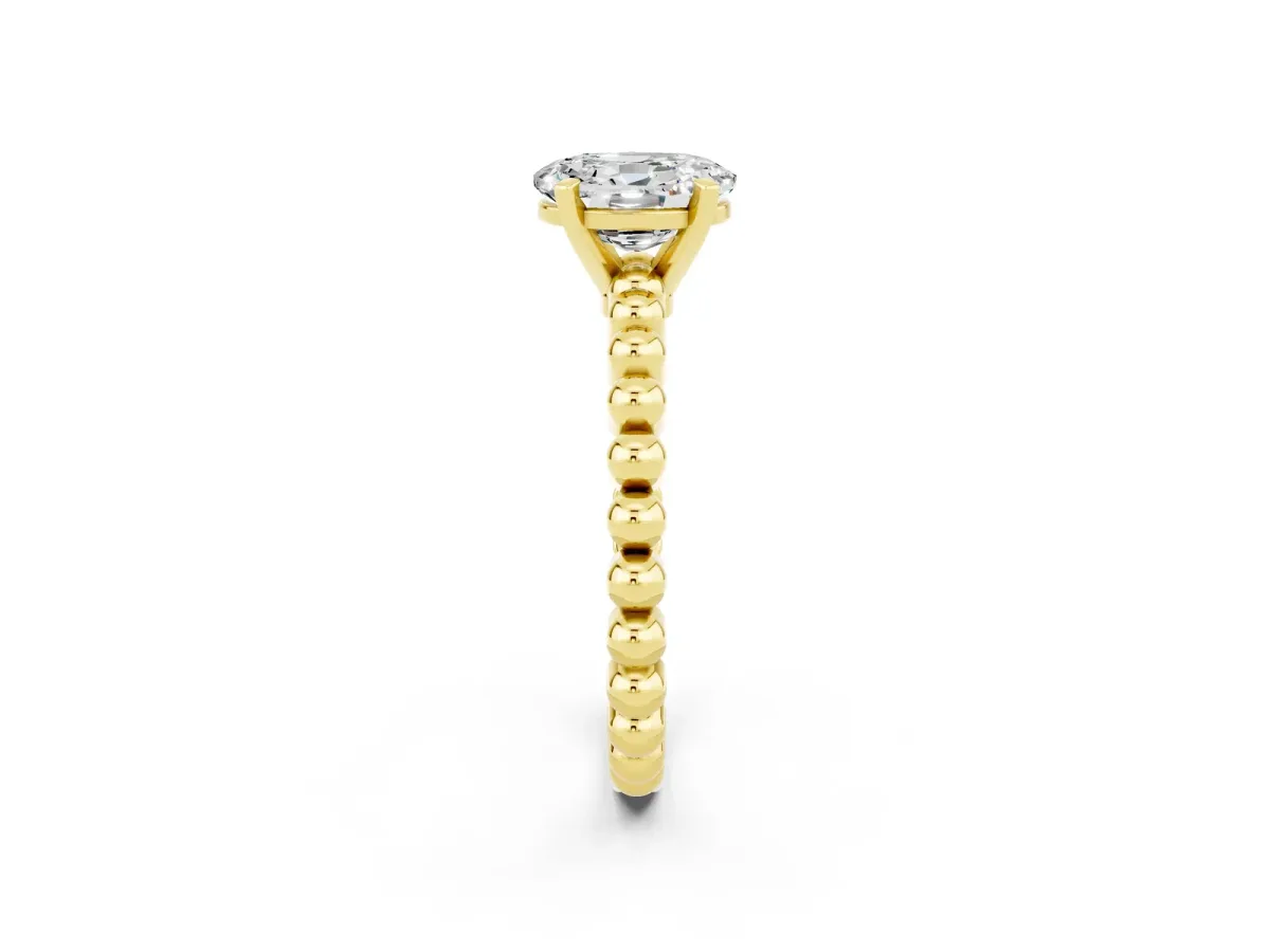 Oval Cut Moissanite Solitaire Ring with Beaded Band and Prong Setting Yellow gold