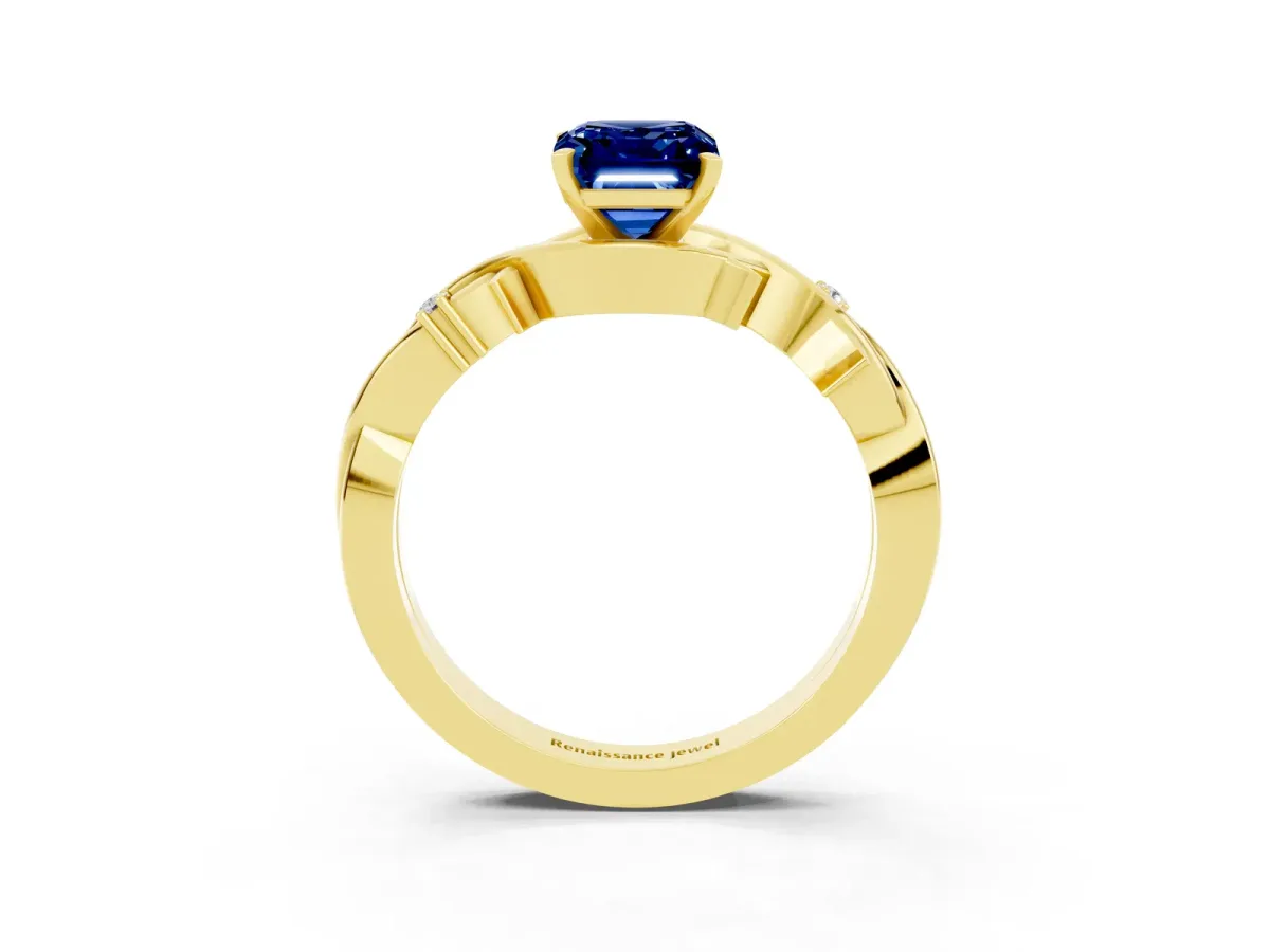 Emerald Cut Blue Sapphire Solitaire Ring with Twisted Band and Prong Setting Yellow gold