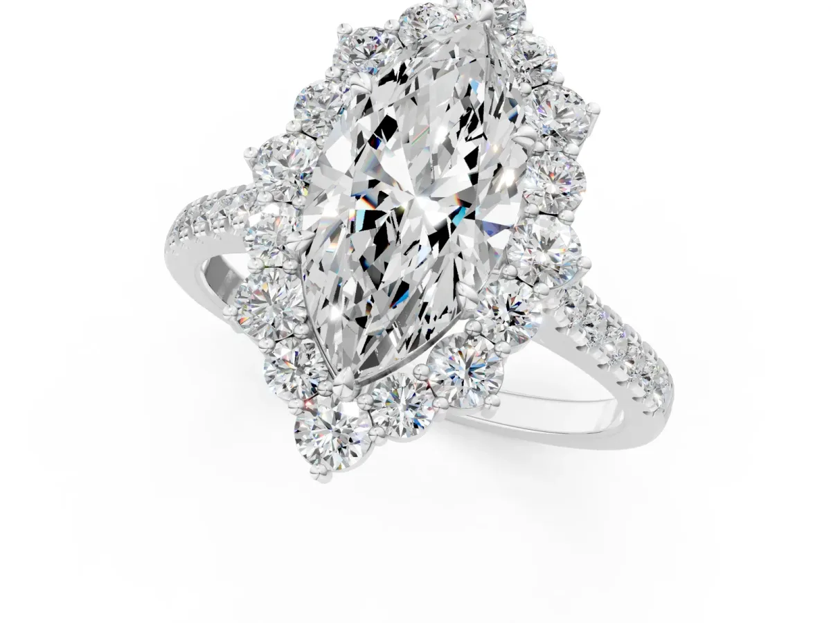 Marquise Cut Halo Diamond Ring with Pavé Band and Prong Setting Silver