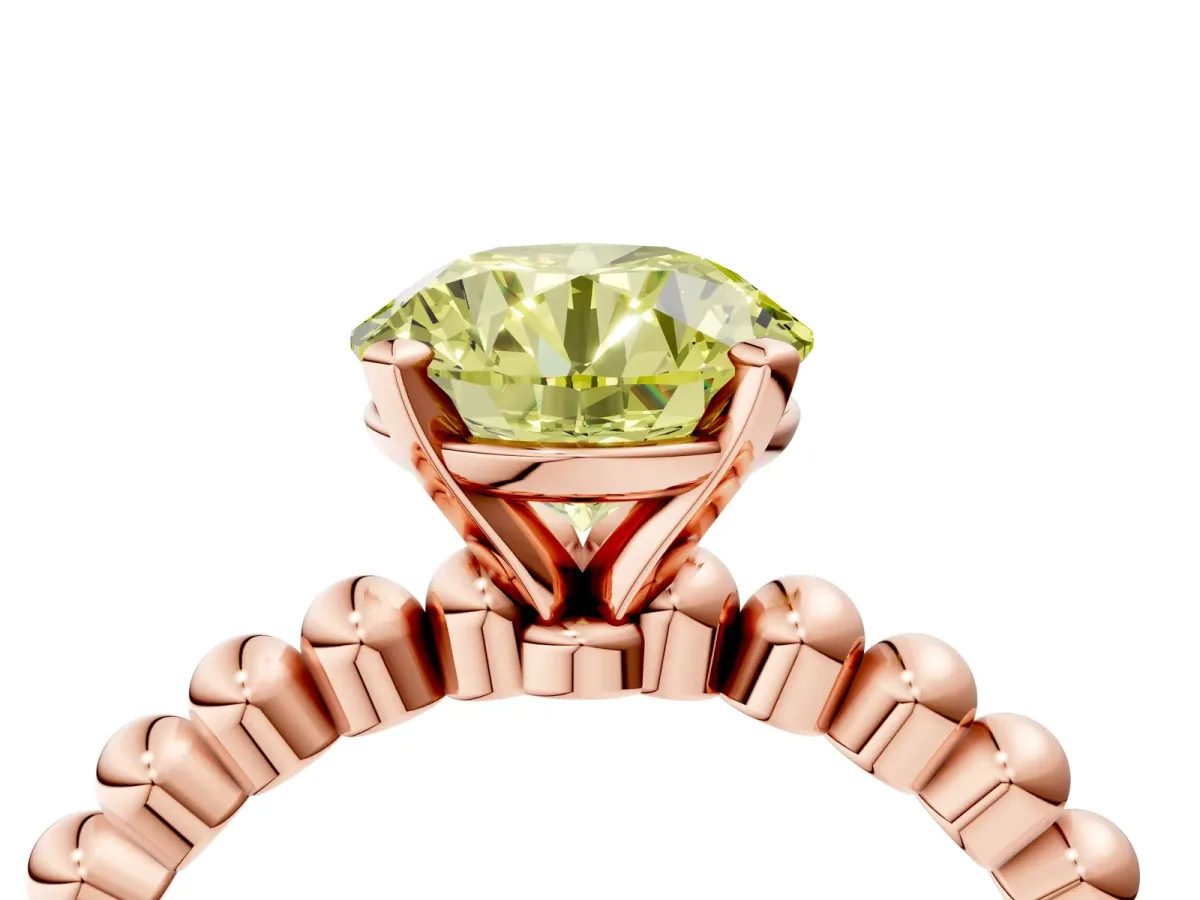 Fancy Yellow Round Cut Diamond Solitaire Ring with Beaded Band and Prong Setting Rose gold