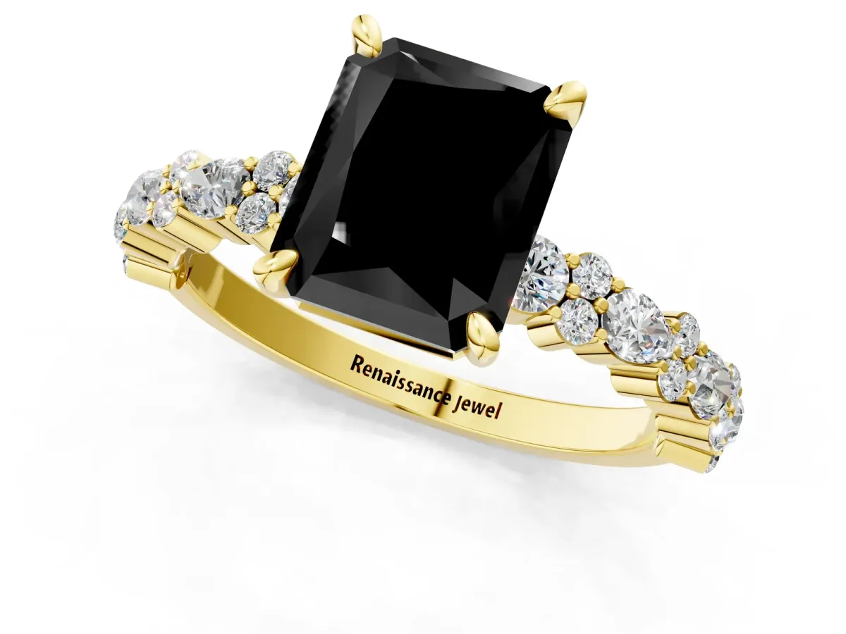 Fancy Black Radiant Cut Diamond Side Stone Solitaire Ring with Round and Four-Prong Setting Yellow gold