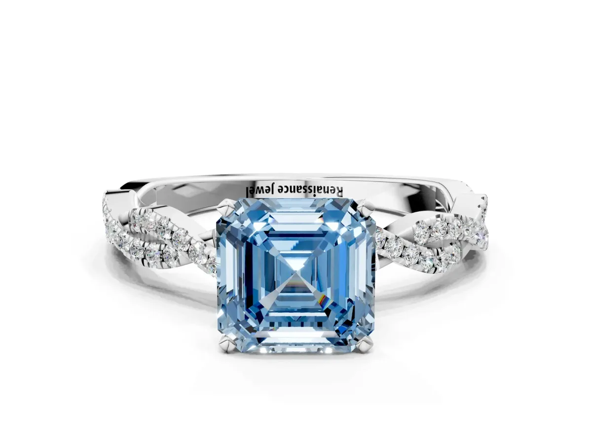 Fancy Blue Asscher Cut Solitaire Twisted Pave Band with Four-Prong Setting Platinum