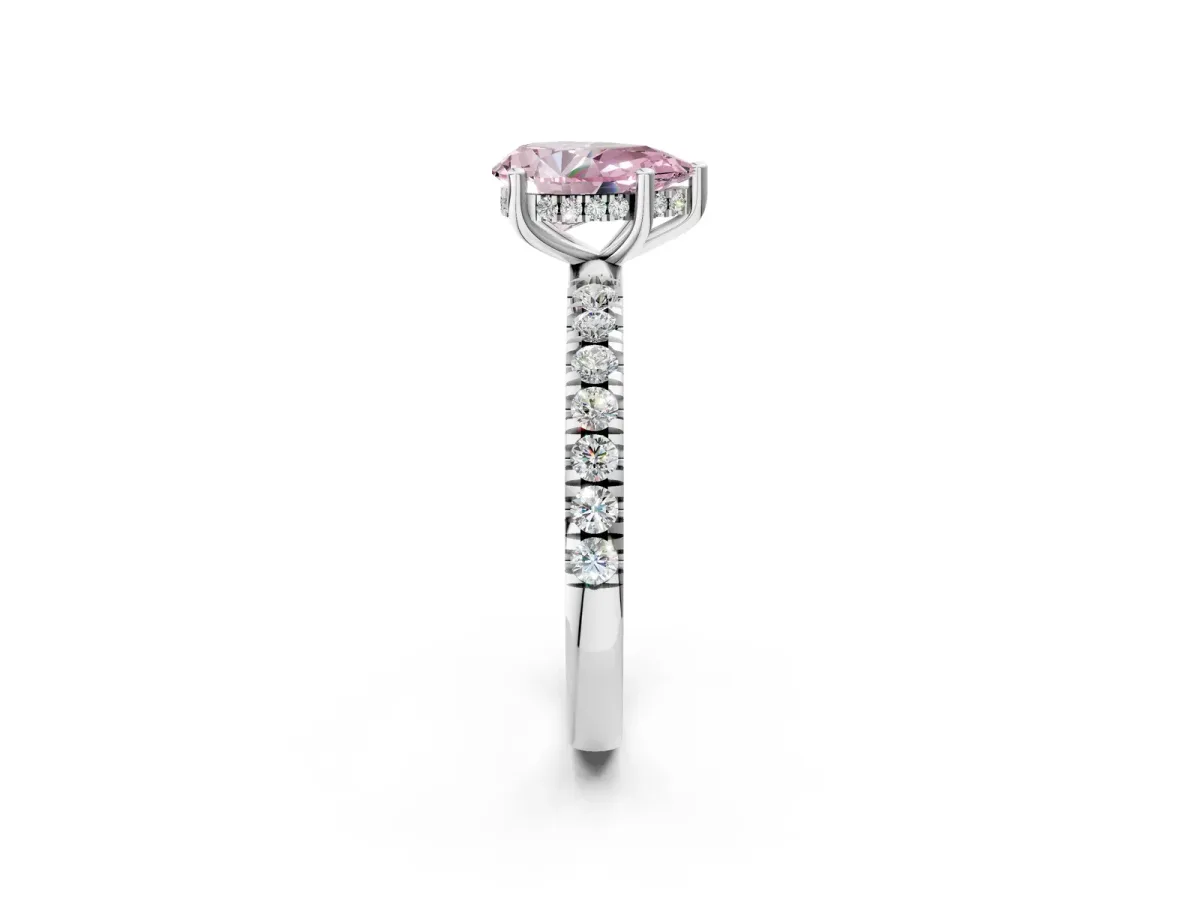 Fancy Pink Pear Cut Diamond Pave Band Solitaire Ring with Round and Prong Setting White gold