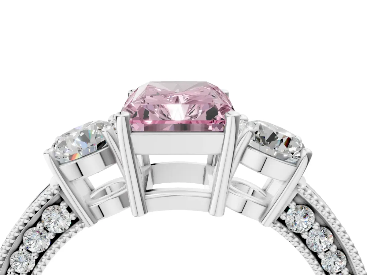 Fancy Pink Radiant Cut Three-Stone Diamond Ring with Pavé Band and Four-Prong Setting Platinum