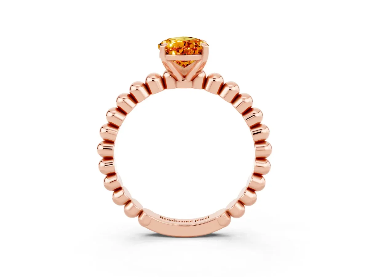 Pear Cut Citrine Solitaire Ring with Beaded Band and Prong Setting Rose gold