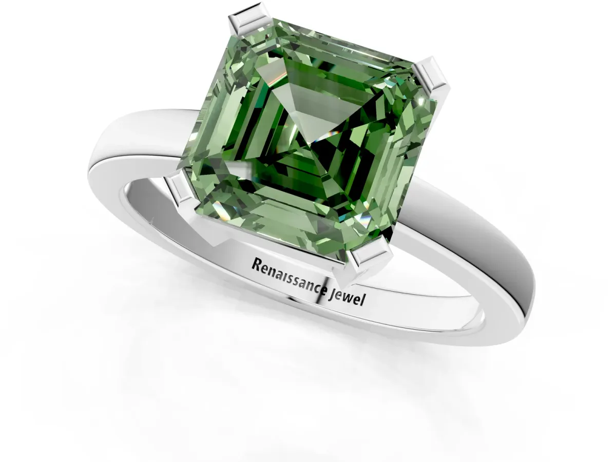 Fancy Green Asscher Cut Cut Solitaire Ring with Four-Prong Setting and Classic Band Platinum