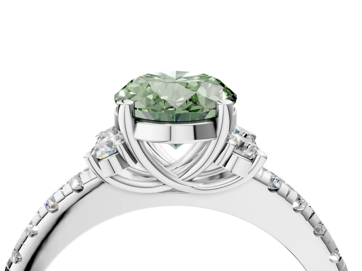 Fancy Green Oval Cut Diamond Three-Stone Pave Band with Four-Prong Setting Silver