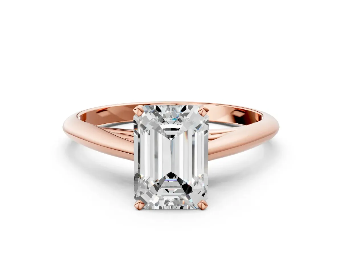 Emerald Cut Diamond Solitaire Engagement Ring with Cathedral Setting and Four-Prong Mount Rose gold