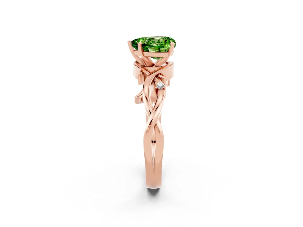 Heart Cut Peridot Solitaire Ring with Twisted Band and Prong Setting Rose gold