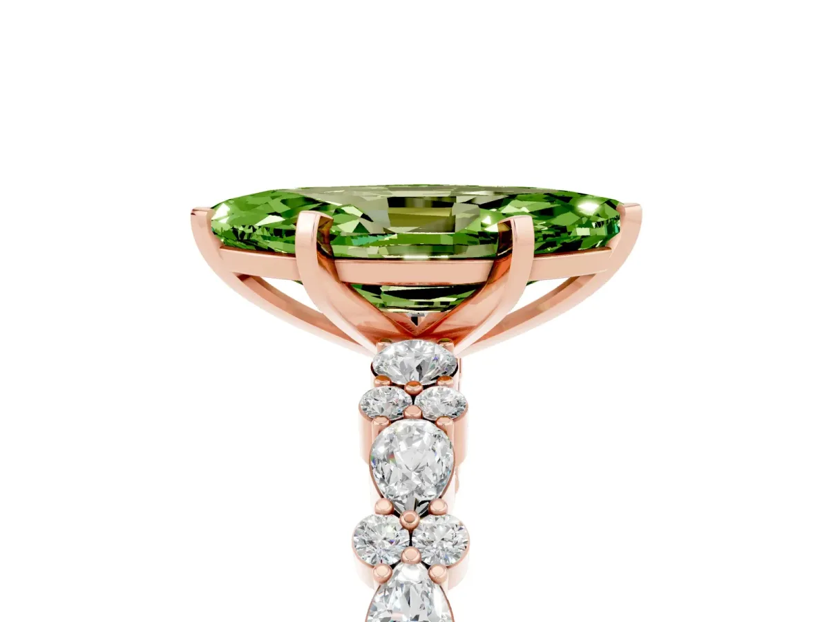Marquise Cut Peridot Side Stone Solitaire Ring with Round and Four-Prong Setting Rose gold