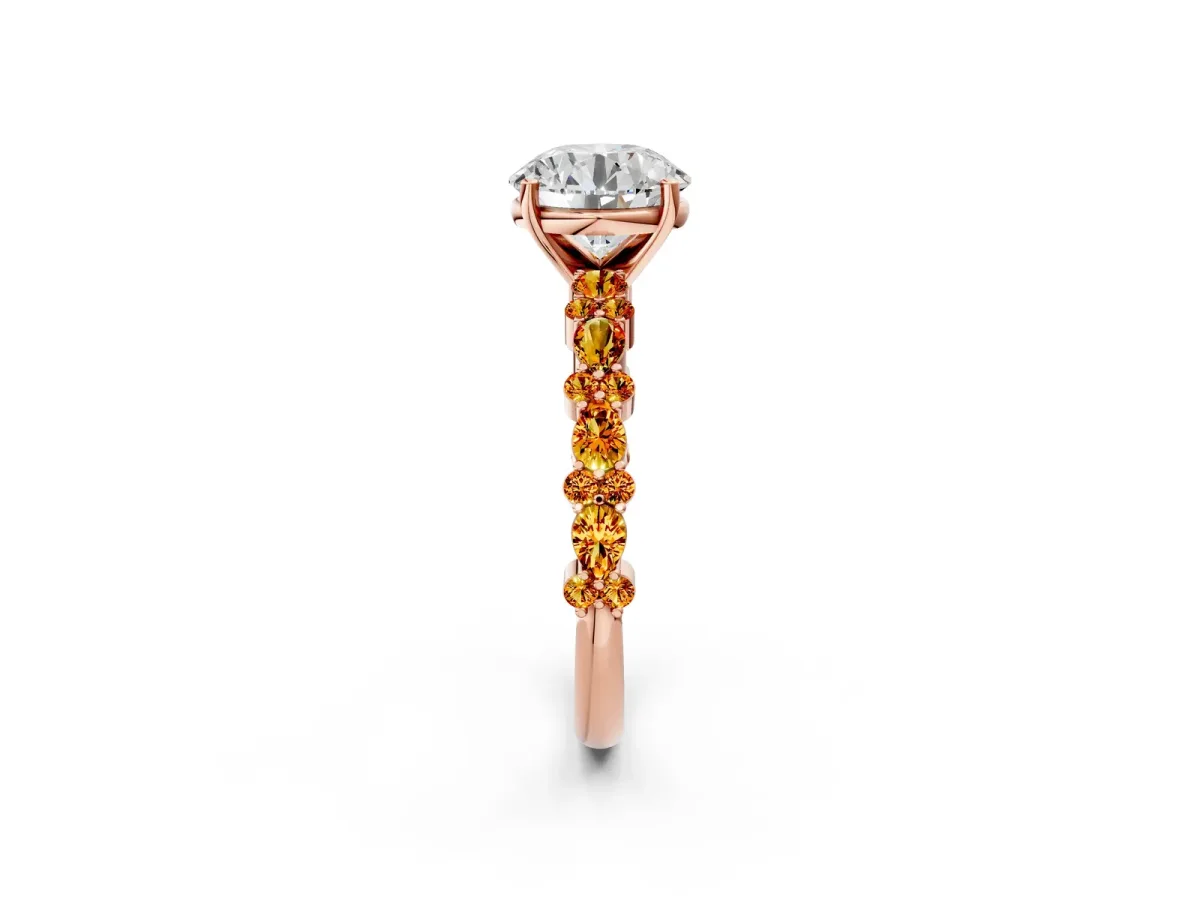 Round Cut Diamond Side Stone Solitaire Ring with Round Citrine and Four-Prong Setting Rose gold