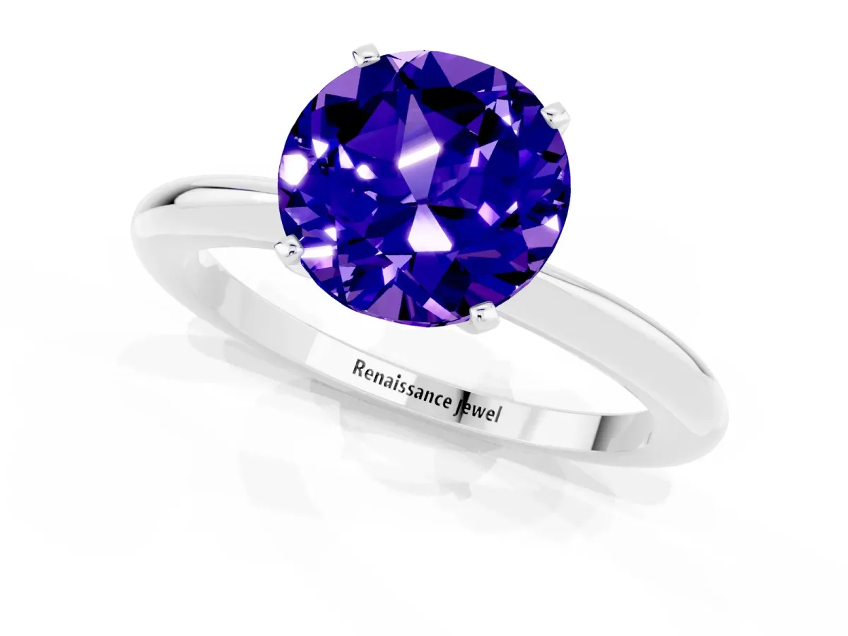 Round Cut Tanzanite Solitaire Ring with Six-Prong Setting and Classic Band Silver