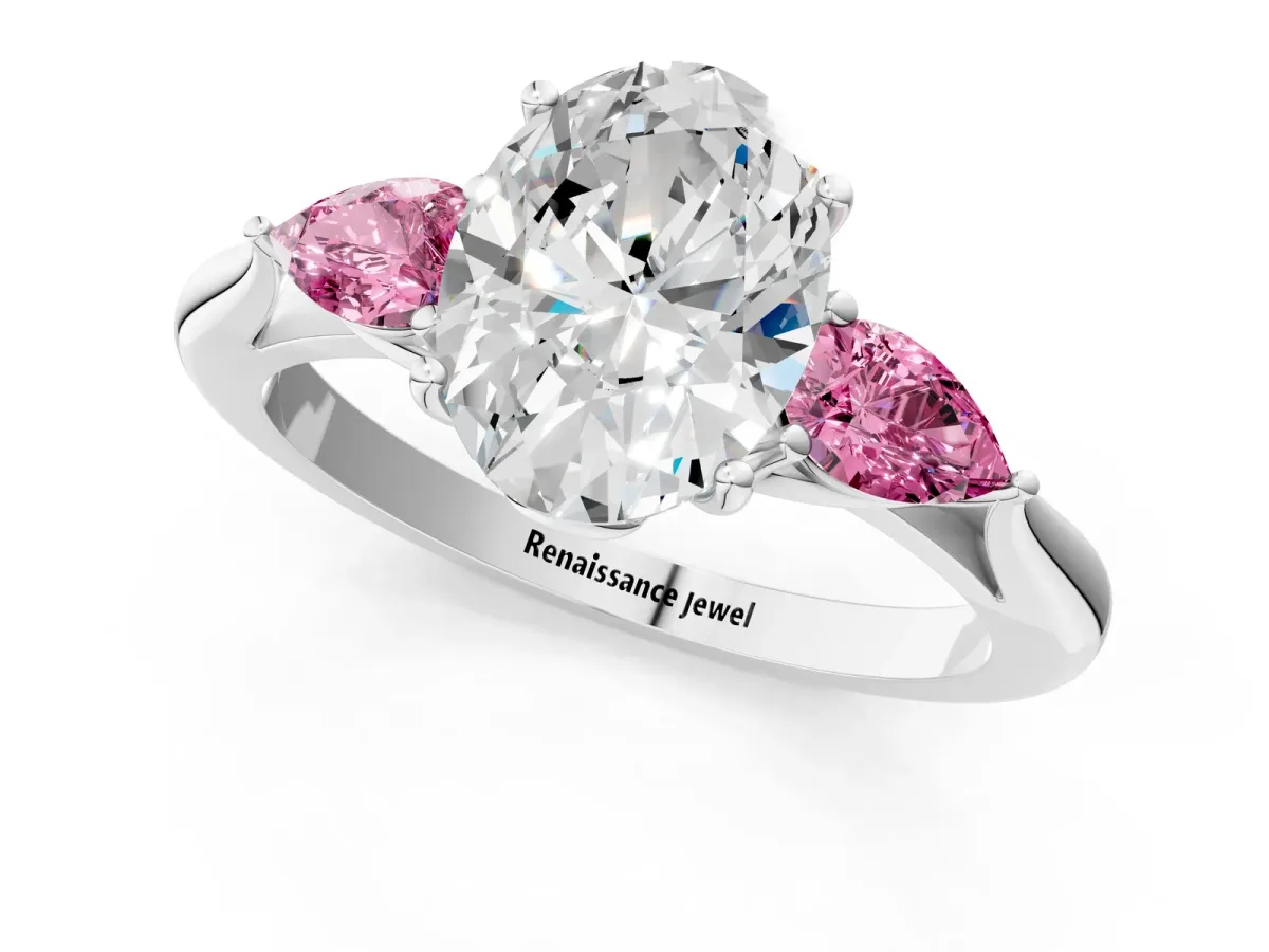 Oval Cut Diamond Three-Stone Ring with Pear Pink Sapphire Side Stones and Prong Setting Silver