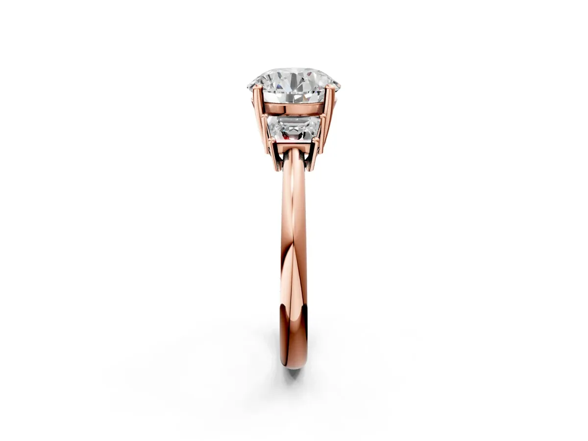 Round Cut Diamond Three-Stone Ring with Trapezoid Side Stones and Prong Setting Rose gold