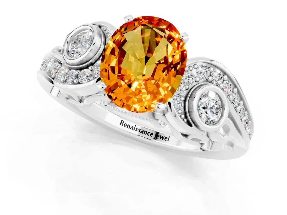 Oval Cut Citrine Solitaire Ring with Milgrain Pavé Band and Four-Prong Setting Silver