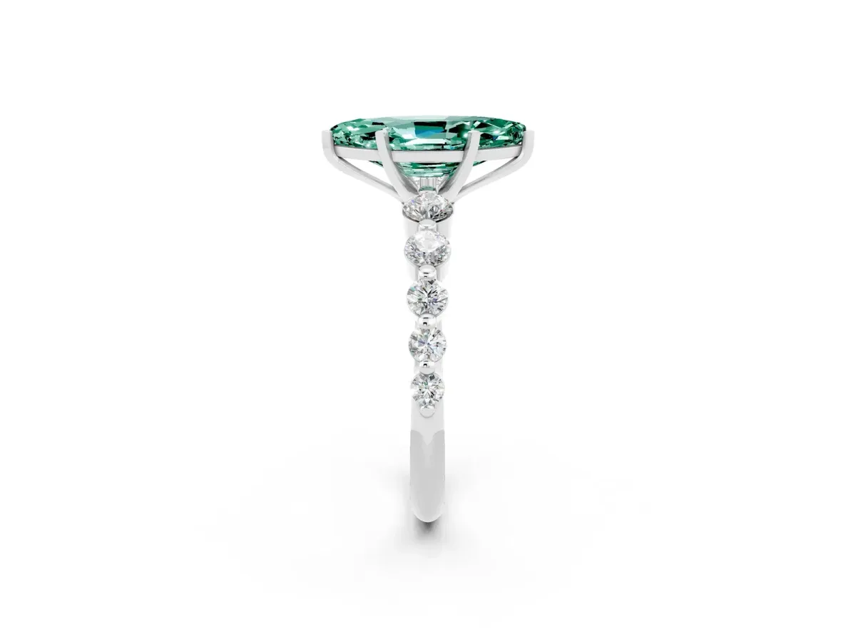 Marquise Cut Solitaire Green Sapphire Ring with Pave Band and Four-Prong Setting Silver