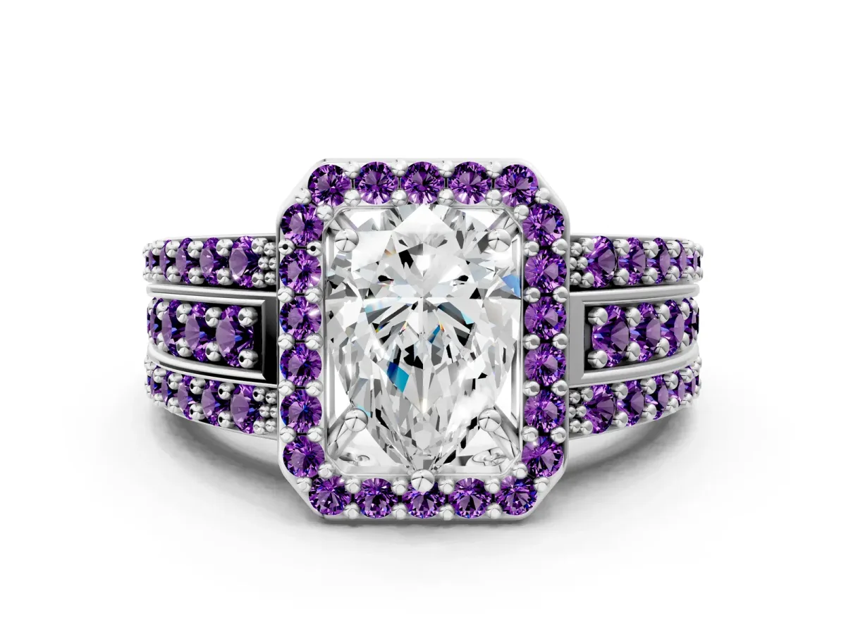 Pear Cut Halo Diamond Ring with Round Amethyst Split Shank and Prong Setting White gold