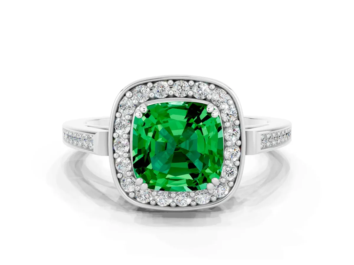 Cushion Cut Emerald Halo Ring with Split Shank and Four-Prong Setting White gold