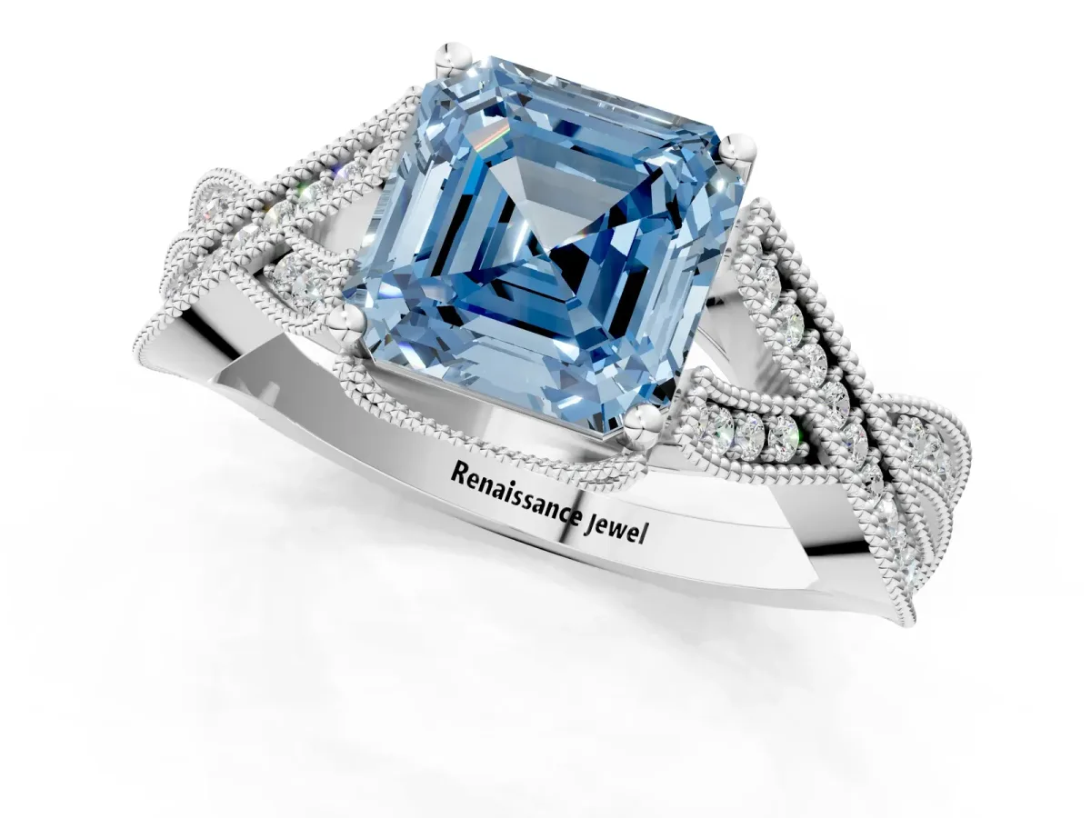 Fancy Blue Asscher Cut Cut Diamond Twisted Band with Milgrain Pave Setting and Four-Prong Setting Platinum