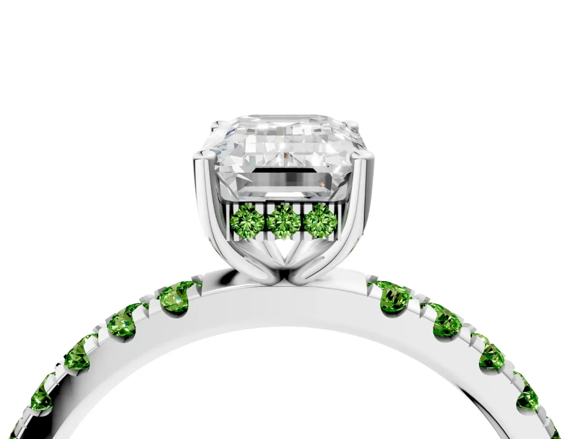 Emerald Cut Diamond Pave Band Solitaire Ring with Round Peridot and Prong Setting Platinum