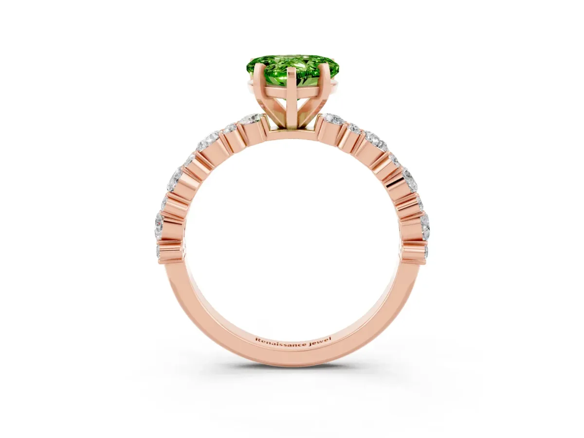 Heart Cut Peridot Side Stone Solitaire Ring with Round and Four-Prong Setting Rose gold