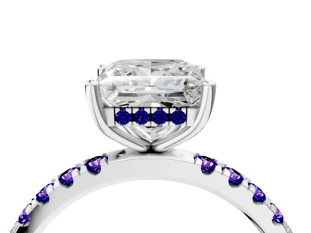 Princess Cut Diamond Pave Band Solitaire Ring with Round Tanzanite and Prong Setting Silver
