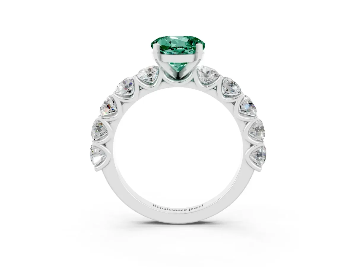 Round Cut Green Sapphire Prong Setting with Side Stones on a Pave Band Silver