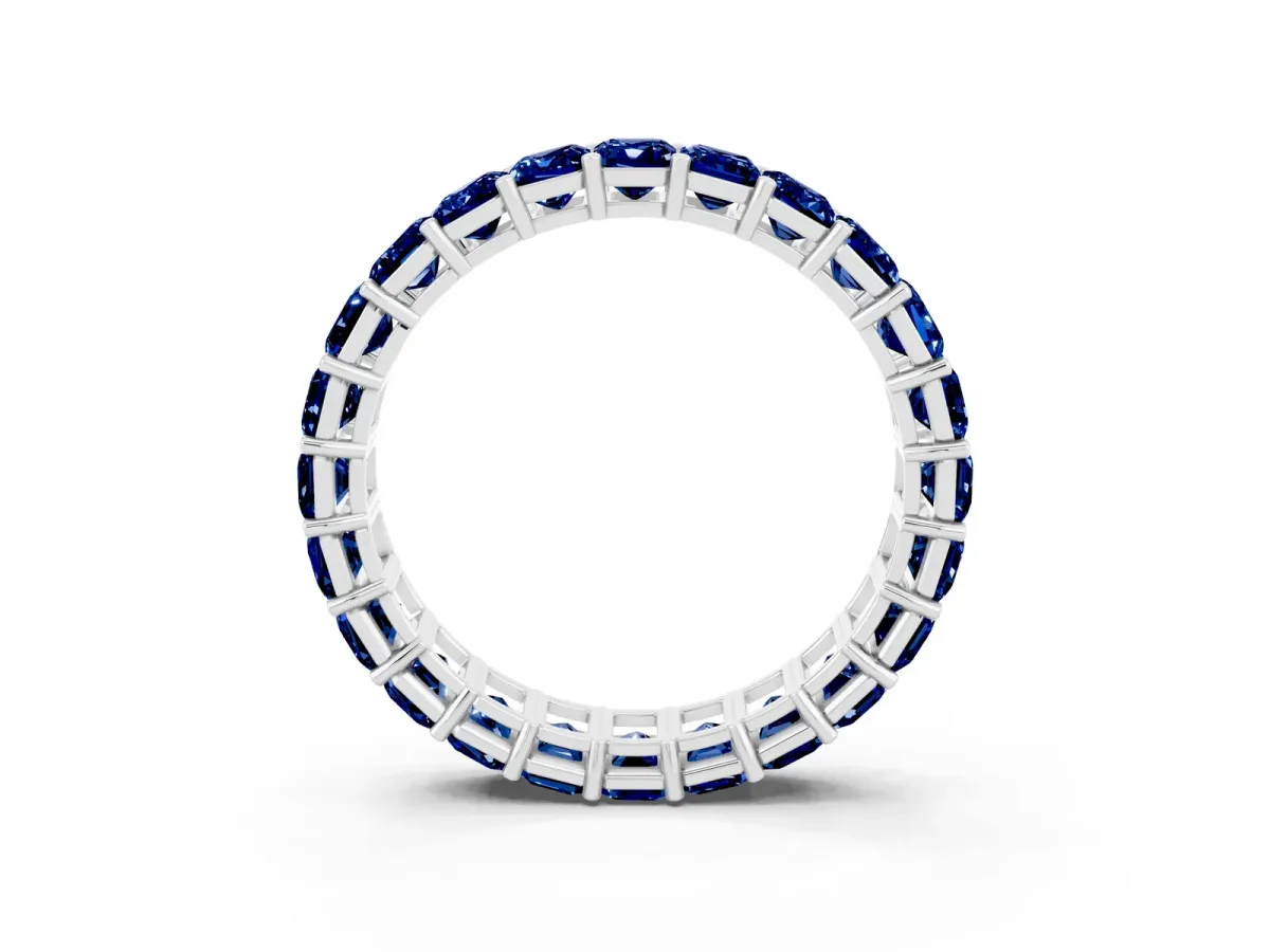 Emerald Cut Blue Sapphire Eternity Band with Shared Prong Setting White gold