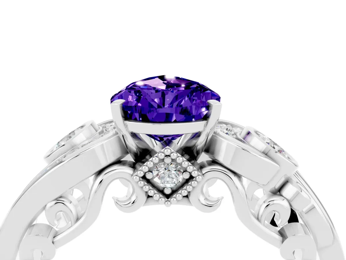 Pear Cut Tanzanite Solitaire Ring with Milgrain Pavé Band and Four-Prong Setting Silver