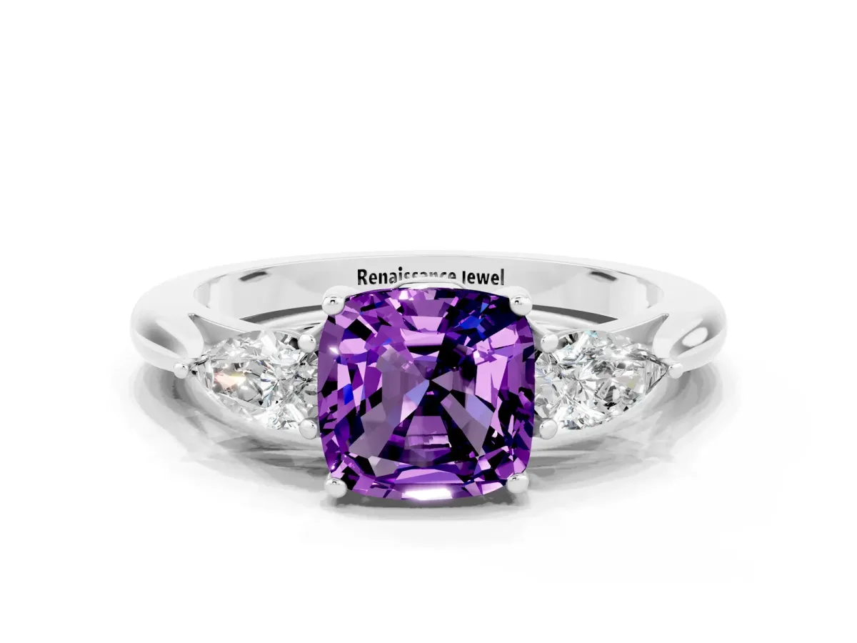 Three-Stone Cushion Cut Amethyst Ring with Pear Side Stones in Four-Prong Setting White gold