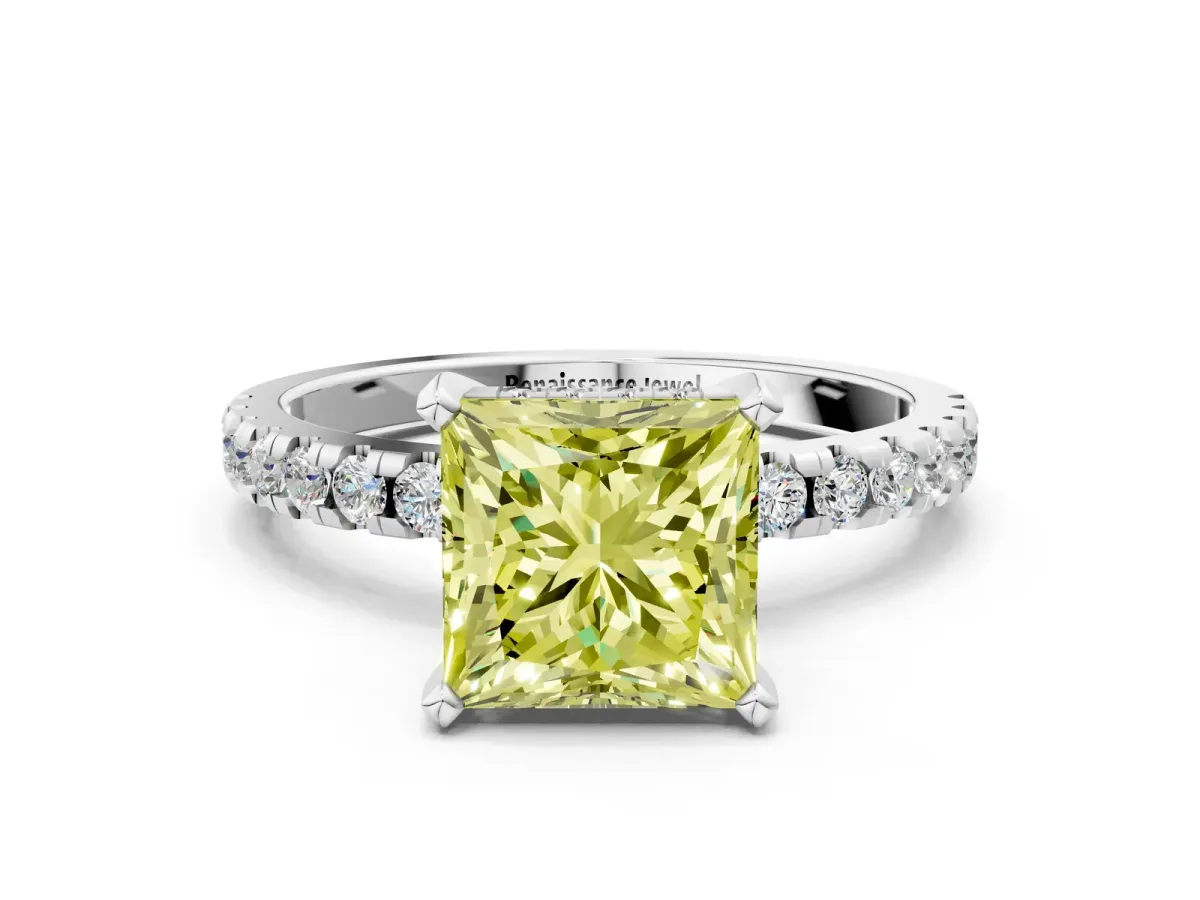 Fancy Yellow Princess Cut Diamond Solitaire Ring with Round Pavé Band and Four-Prong Setting Silver