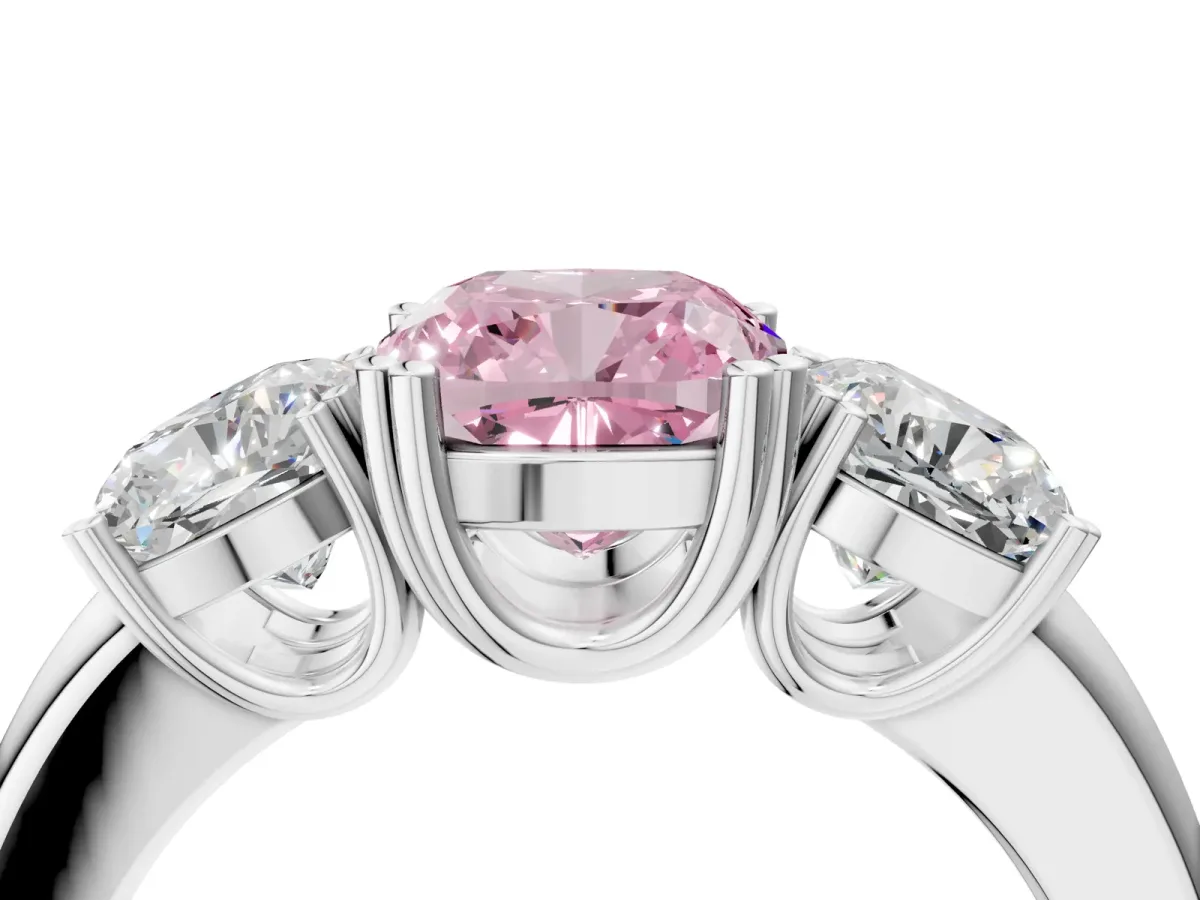 Fancy Pink Three-Stone Cushion Cut Cut Diamond Ring with Channel Set Band and Four-Prong Setting Silver