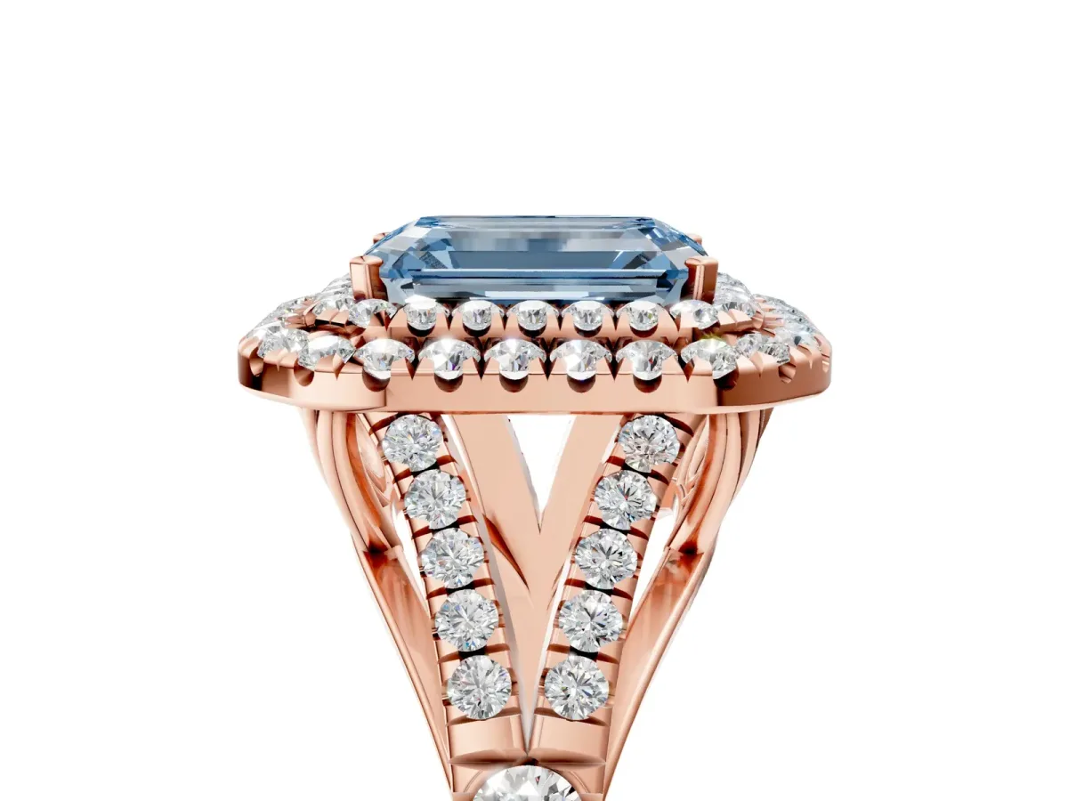 Fancy Blue Emerald Cut Diamond Double Halo Ring with Split Shank and Prong Setting Rose gold