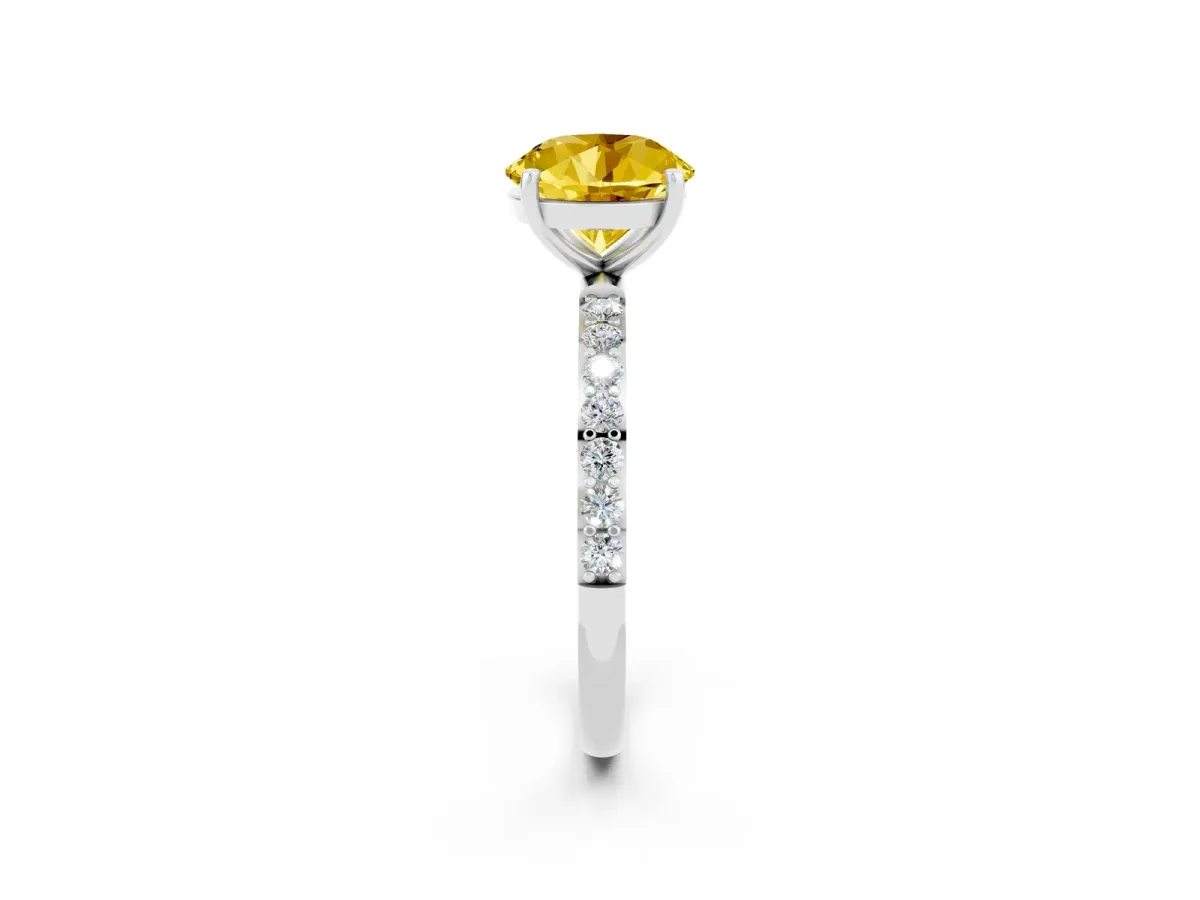 Round Cut Yellow Sapphire Solitaire Ring with Round Pavé Band and Prong Setting Silver