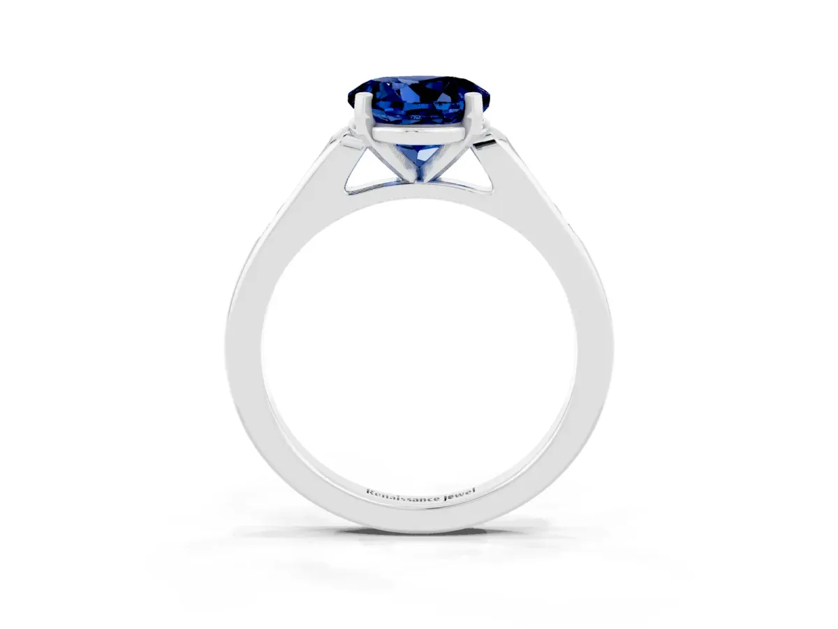 Round Cut Blue Sapphire Solitaire Ring with Channel Set Round Band and Prong Setting Silver