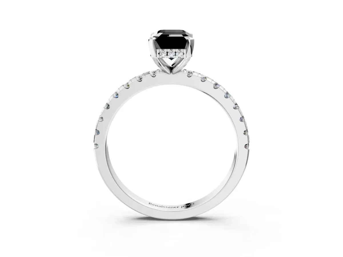 Fancy Black Emerald Cut Diamond Solitaire Ring with Round Pavé Band and Four-Prong Setting Silver