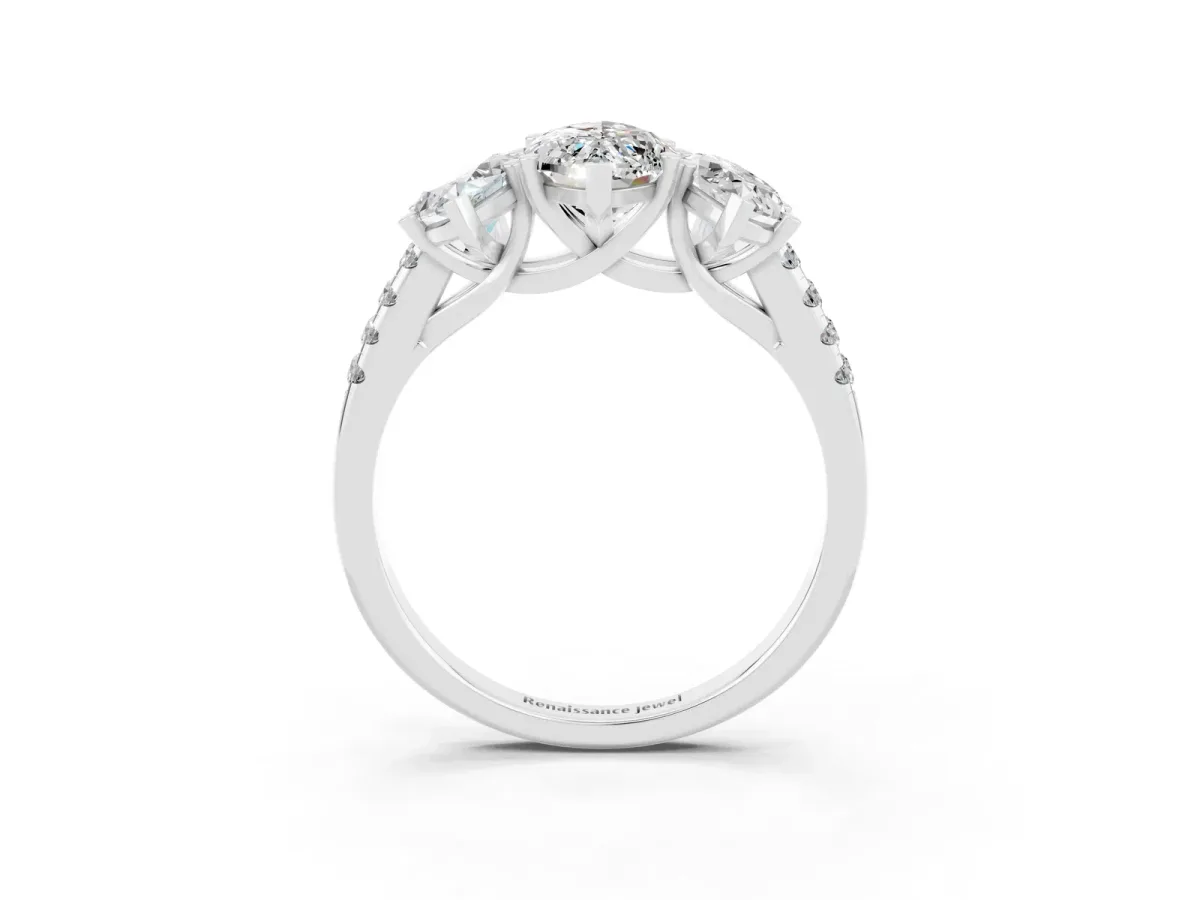 Three-Stone Marquise Cut Moissanite Ring with Round Pavé Band and Prong Setting Silver