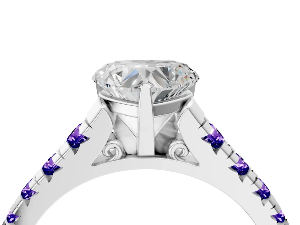 Heart Cut Diamond Cathedral Solitaire Ring with Round Tanzanite Pavé Band Silver