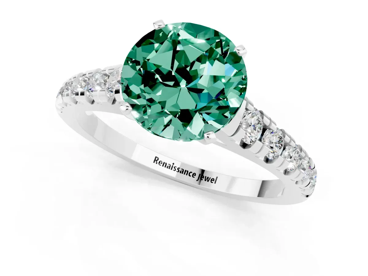 Round Cut Green Sapphire Cathedral Solitaire Ring with Round Pavé Band Silver