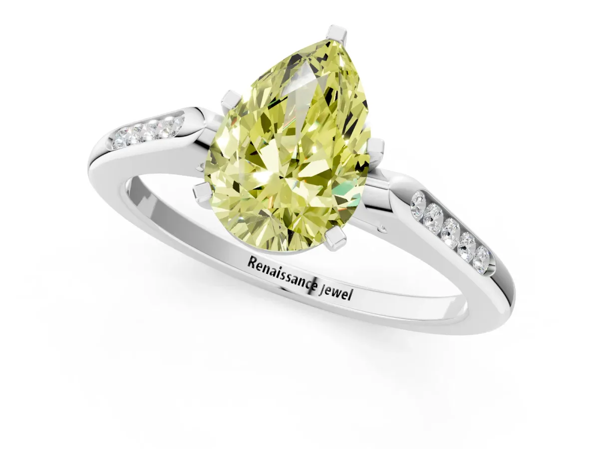 Fancy Yellow Pear Cut Diamond Solitaire Ring with Channel Set Round Band and Prong Setting Silver